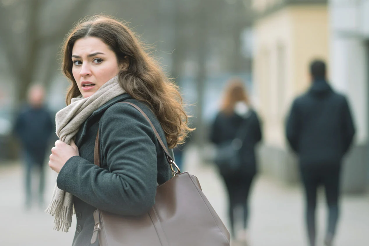 Женщина на улице оглядывается назад